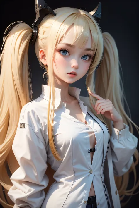 hrgiger。highest quality。masterpiece。detailed details。one girl。pretty girl。white shirt。researcher's lab coat。long blonde twin tai...