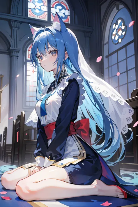 (masterpiece:1.2),Extremely detailed,Practical,expressive eyes,Fair skin,Perfect face shaping,1 Girl,
Japanese cartoons,Gorgeous blue hair, the long flowing blue hair,Floating clothes,Cat ears,Petals fall,beautiful lola,Young Angel,
Place your hands on you...