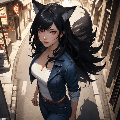  portrait of girl,wolf ears,wolf tail,jeans, in street,at night,detailed fantasy art, Stunning character art, fanart best artstation, epic exquisite character art, very detailed Artgerm, Detailed Digital Anime Art, ArtGerm on ArtStation Pixiv, from above