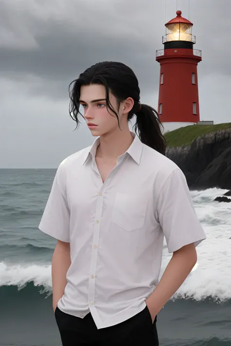 Medium shot of a 19-year-old Russian boy from the 1910s. He is handsome with tan skin and light grey eyes, wearing a loose white shirt typical of the 1910s. His long black hair is in a ponytail. The scene is set by the dark ocean during a storm, with a lig...