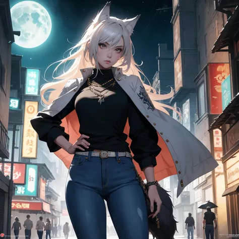  portrait of girl,wolf ears,wolf tail,jeans, in street,at night,detailed fantasy art, Stunning character art, fanart best artstation, epic exquisite character art, very detailed Artgerm, Detailed Digital Anime Art, ArtGerm on ArtStation Pixiv, from below