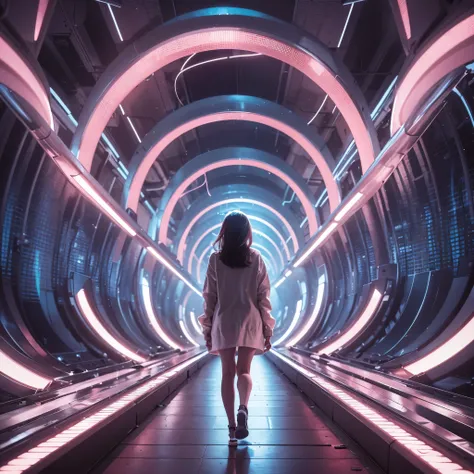 Best quality，masterpiece，16k,In the curved tunnel，Multi-line lighting，Futuristic，Future Technology Tunnel，Complex structure，1girl，Dynamic poses，Looking at the camera，Girl being chased by monster