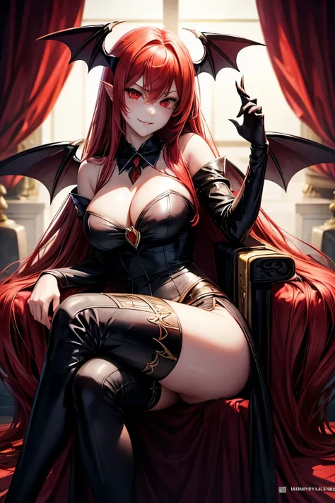 Long red hair, red eyes, big breasts, girl, bat wings, vampire, royal costume, sitting on the throne with a proud expression