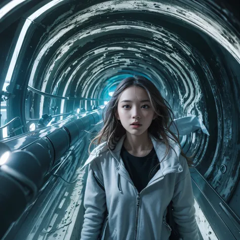 Best quality，masterpiece，16k,In the curved tunnel，Multi-line lighting，Futuristic，Future Technology Tunnel，Complex structure，1girl，Dynamic poses，Looking at the camera，Girl being chased by monster