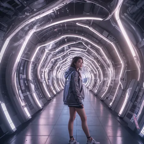 Best quality，masterpiece，16k,In the curved tunnel，Multi-line lighting，Futuristic，Future Technology Tunnel，Complex structure，1girl，Dynamic poses，Looking at the camera，Girl being chased by monster