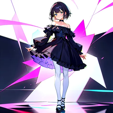 1girl,bangs,black choker,black footwear,blue dress,blush,choker,collarbone,dress,frills,full body,long sleeves,looking at viewer,medium hair,pantyhose,shoes,short hair,solo,standing,white legwear,side thighs,off-shoulder sleeves