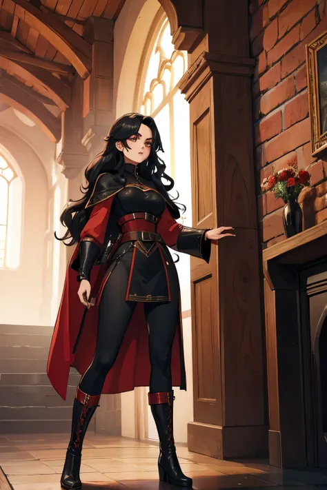 black medium wavy hair 20 year old woman, black and red outfit, pretty, medieval advanturer, in castle, legging, boots