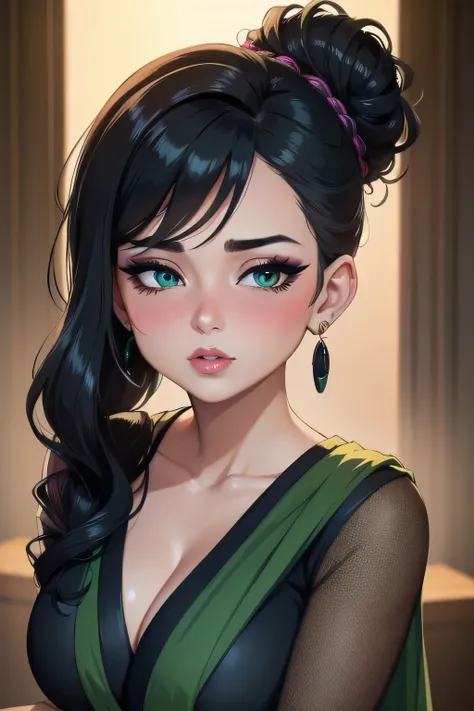  Amazing portrait of a sexy woman with a beautiful face emphasized by amazing makeup and beautifully detailed eyes with perfect lips wearing her black hair in a messy bun blushing intensely as shes flustered and lustful wearing some elegant earrings and a ...