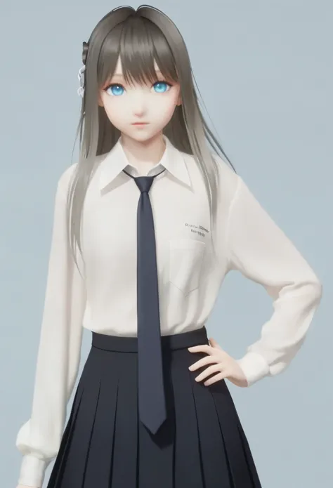 (8k, best quality, masterpiece), (ultra-detailed:1.1), (high detailed skin),1girl, bangs, black_necktie, black_skirt, blue_eyes, cowboy_shot, grey_background, long_hair, long_sleeves, looking_at_viewer, necktie, pleated_skirt, shirt, simple_background, ski...