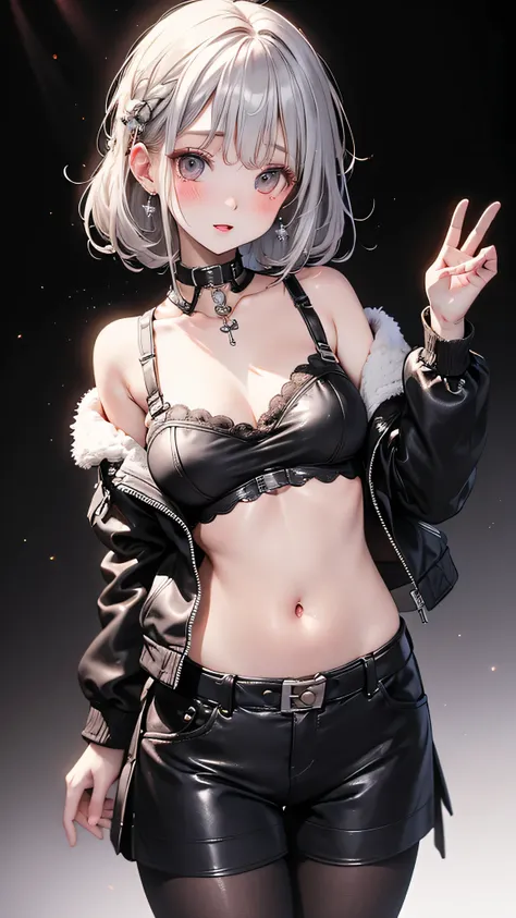 (((masterpiece))), highest quality, Very detailed, blush, Cute and playful,  leather jacket, Silver Hair, Fluffy Hairstyles, Elastic breasts, Heartwarming Eyes, Sweet expression, belly button, Dynamic and cute pose.