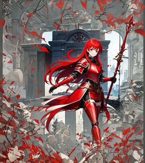 Red hair girl wearing red full plate armour with spear on hand 