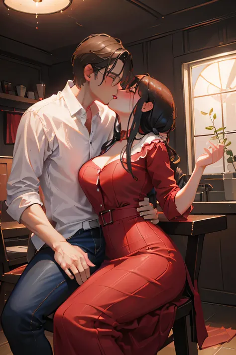 Amazing portrait of a sexy woman wearing a red dress kissing and making out with a young man wearing a flannel shirt and jeans while the man is sitting on a chair and the woman is sitting on his lap in a room with dim and dramatic lighting they are very pa...