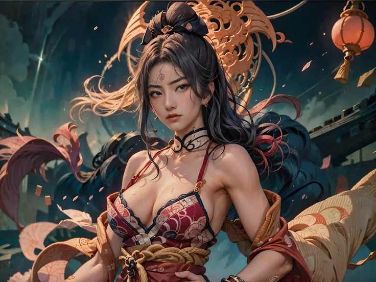 (Ukiyo-e:1.9)、woodblock print、woodblock print、otherscape、SF、Space Opera、(Beautiful woman fighting a barbarian:1.5)、Purple clouds gather、Detailed face、Beautiful Eyes、Elegant garments、Intricate floral pattern、Delicate skin、Natural light、A calming color palet...