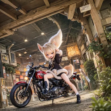 (highest quality,High resolution:1.2),shiba inu girls,Adorable chibi style,Vibrant colors,Fantasy Landscape,Riding on motorcycle,Magical Environment,Twinkle Star,The wind that makes your hair flutter,Expressions of joy,Amazing adventure,A playful atmospher...