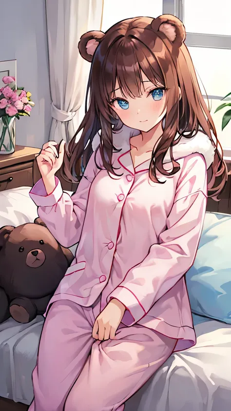 brown hair, animal hood, bear ears, fake animal ears, textured skin, high details, high quality, best quality, masterpiece, Girl wearing a bear costume, ((bear costume style pajamas)), bedroom, stuffed animal