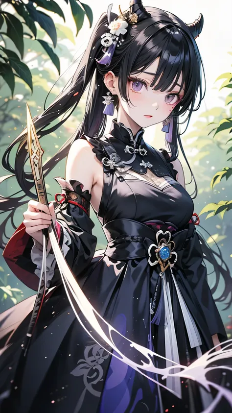 Anime girl in purple and black clothes standing in front of a forest, Keqing of Genshin Impact, Jongritsu of Genshin, Haise Jinyao, ayaka genshin impact, Anime Moe Art Style, Black-haired wizard, Demon Slayer Louis Fan Art, ayaka game genshin impact, Yunli...