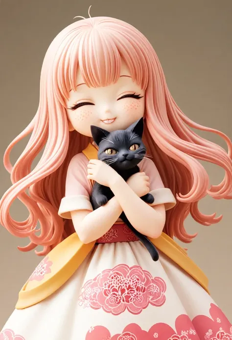 Girl with Cat,Girl with cat,in style of Chiho Aoshima , Pink medium long hair, cute, Q version, happy, squinting eyes, Japanese illustration, Celluloid,character concept design, half body