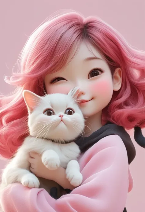 Girl with Cat，Girl with cat，Pink medium long hair, cute, Q version, happy, squinting eyes, Japanese illustration, Celluloid