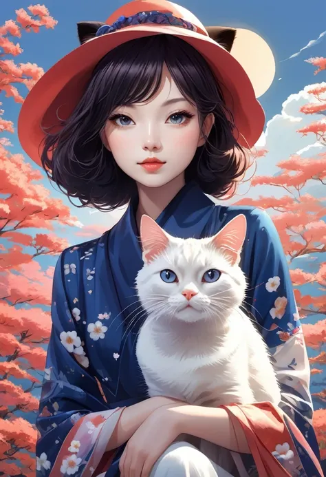 Girl with Cat，Girl with cat，in style of Chiho Aoshima , character concept design, half body 