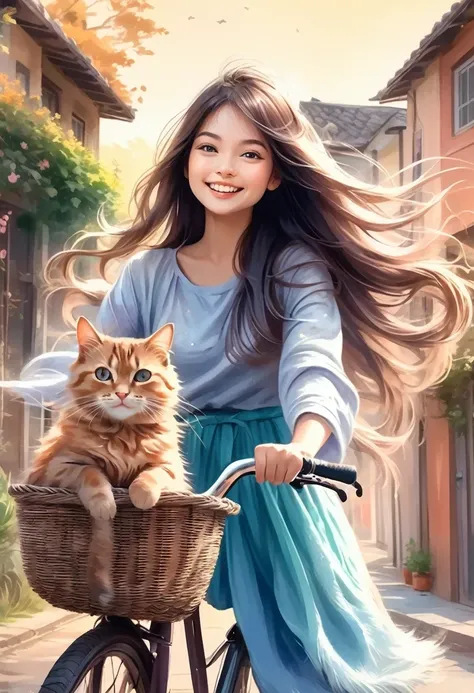 Young girl with a cat, young girl with a cat, a woman with long flowing hair riding a bicycle with a cute smiling cat in the basket, she holds out her arms with a happy expression, illustration style, best details, crayon, pastel, matte, risque, grainy tex...