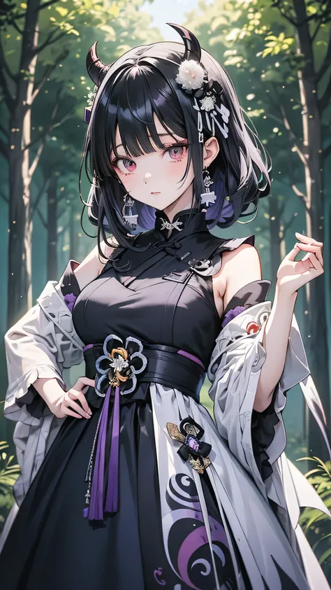 Anime girl in purple and black clothes standing in front of a forest, Keqing of Genshin Impact, Jongritsu of Genshin, Haise Jinyao, ayaka genshin impact, Anime Moe Art Style, Black-haired wizard, Demon Slayer Louis Fan Art, ayaka game genshin impact, Yunli...