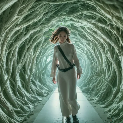 Best quality，masterpiece，16k,In the curved tunnel，A tunnel made of tree branches，Futuristic，Future Technology Tunnel，Complex structure，1girl，Dynamic poses，Looking at the camera，Girl being chased by monster