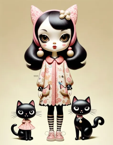 Girl with Cat，in style of Gary Baseman , character concept design, half body 