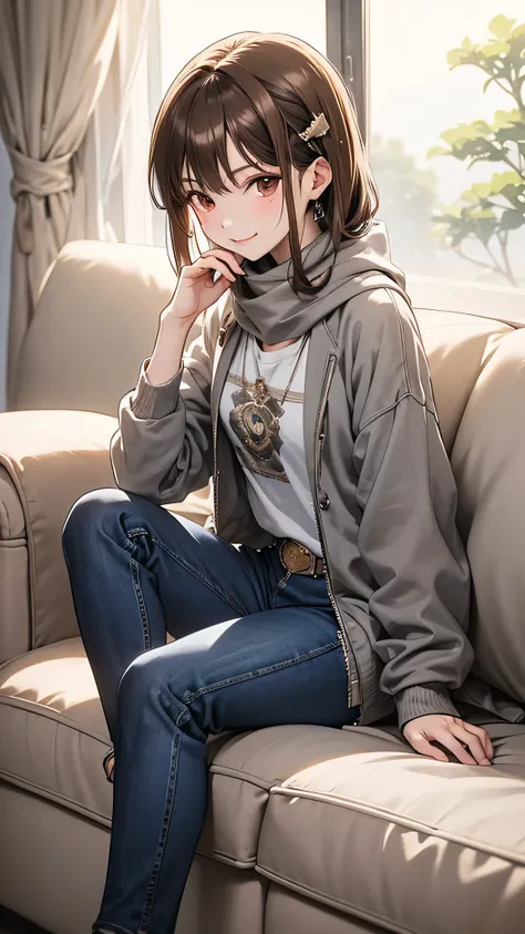 Bell, anime, Brown Hair, Medium chest, Brown eyes, A light smile, jeans, scarf, Grey sweatshirt, Blue pants, Sitting, Sitting cross-legged, Inside the smart home, Sitting on the couch, Asada Shinos face, anime Sword Art Online, highest quality