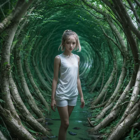 Best quality，masterpiece，16k,In the curved tunnel，A tunnel made of tree branches，Futuristic，Future Technology Tunnel，Complex structure，1girl，Dynamic poses，Looking at the camera，Girl being chased by monster