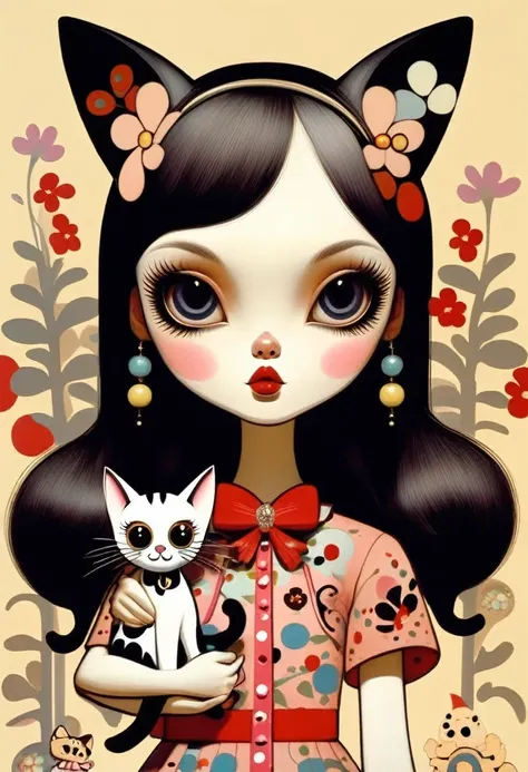 Girl with Cat，in style of Gary Baseman , character concept design, half body 