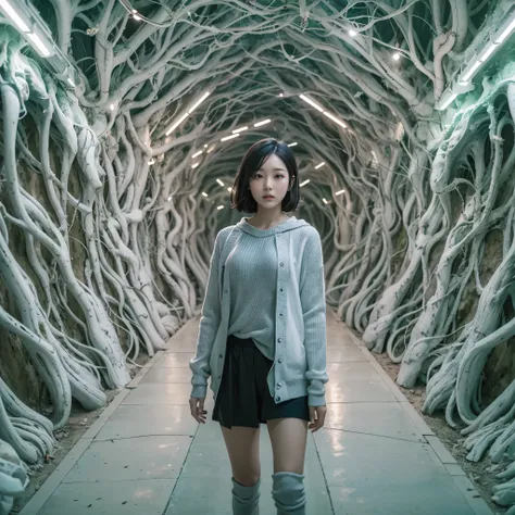 Best quality，masterpiece，16k,In the curved tunnel，A tunnel made of tree branches，Futuristic，Future Technology Tunnel，Complex structure，1girl，Dynamic poses，Looking at the camera，Girl being chased by monster