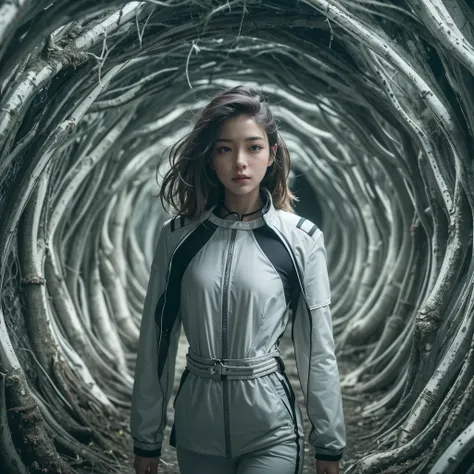 Best quality，masterpiece，16k,In the curved tunnel，A tunnel made of tree branches，Futuristic，Future Technology Tunnel，Complex structure，1girl，Dynamic poses，Looking at the camera，Girl being chased by monster