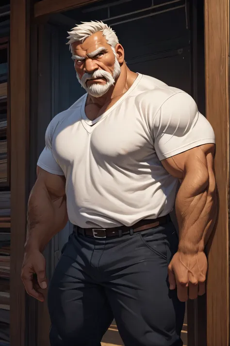 huge muscular, massive muscular, full-body, well-muscled old man in a white shirt. make sure the resulting image has a cartoonis...