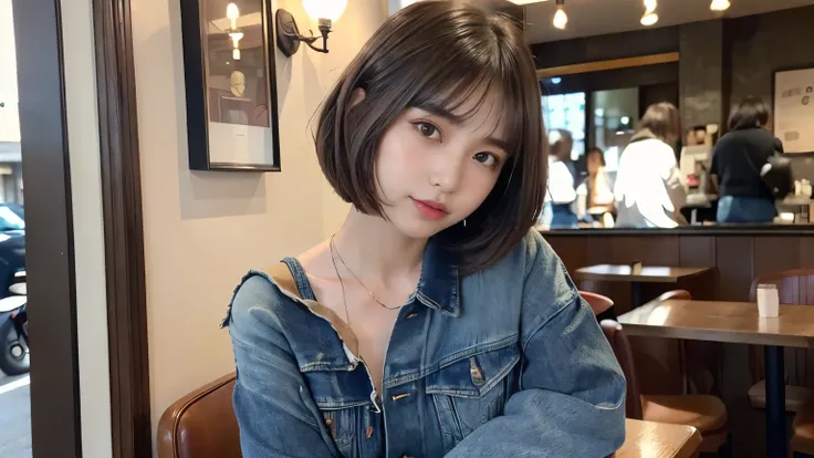 (((Straight shoulder-length brown mini bob hair)))、(((目が細くLight eye makeup)))、(((Jacket and jeans with the interior of a cafe in the background.)))、(((Please wear clothes that cover your arms...)))、Half Japanese and half Korean、18-year-old girl、independent...