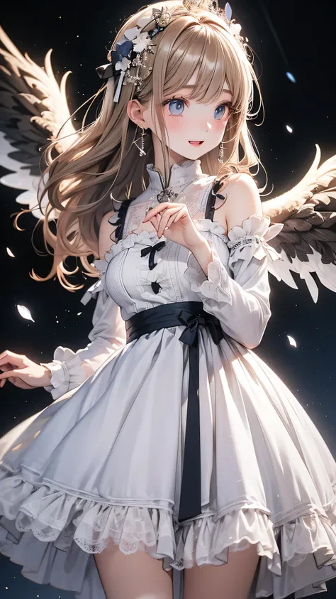 High resolution, highest quality, masterpiece, 超High resolution, 超High resolution, Ultra-realistic, 3D, anime, figure, alone, A very beautiful and cute woman in her 20s, She was wearing a pale white floral mini-skirt dress.、Flapping its wings, Her hair is ...