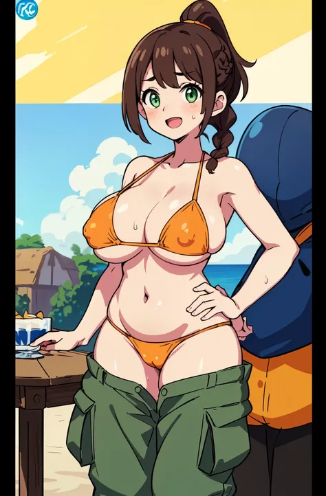 ((Table t○p, highest quality, Hi-Res Lucifer,Anime Screen Capture、Pixel Perfect, 8k、Browsing Caution、Sex)))、Perfect Anatomy、Miyu Kato、(Black baseball cap)、(((Maintenance Staff、Chubby、Swollen nipples、Bikinis aside、Big Breasts、Wide Hips、Wide Hips、Thick thigh...