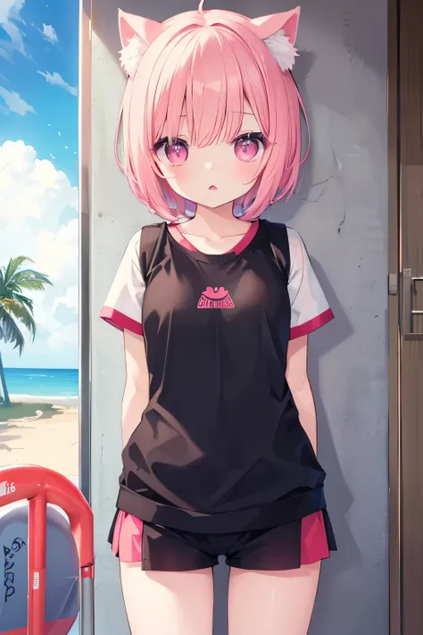 NSFW,lifeguard、Very beautiful and Shining Eyes、Shining Eyes、1 girl、Small breasts、Big Mouth、high school girl、Small breasts、Cat ear、Transparent pink short hair、hot pants、7-year-old girl