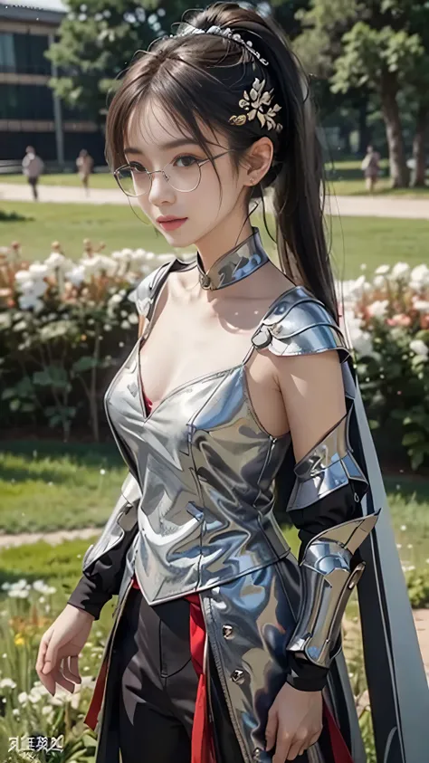 Ayaka, Solemn knight with ponytail, Wearing glasses、Gray Hair, Standing in the middle of a field background, Adding a touch of knight armor(0.7) To her charm. She has medium sized breasts and a charming smile with a hair accessory