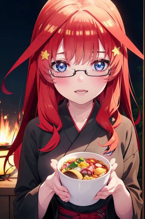 itsukinakano, Itsuki Nakano, bangs, blue eyes, Hair between the eyes, Ahoge, Redhead, star (symbol), hair ornaments, star hair ornaments,Akagi Glasses,smile,blush,Happy atmosphere,Open your mouth,Long Hair,Tie your hair back,red kimono,,Thick sleeves,Sanda...