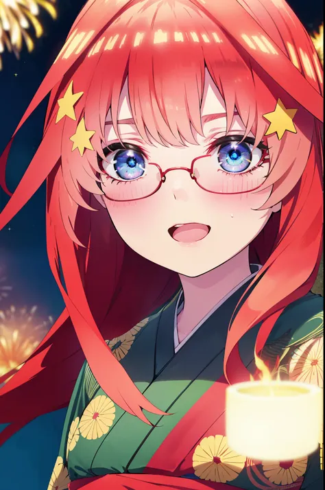 itsukinakano, Itsuki Nakano, bangs, blue eyes, Hair between the eyes, Ahoge, Redhead, star (symbol), hair ornaments, star hair ornaments,Akagi Glasses,smile,blush,Happy atmosphere,Open your mouth,Long Hair,Tie your hair back,red kimono,,Thick sleeves,Sanda...