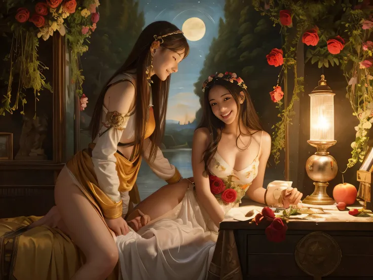 Giorgione painting style,Arguments of two female Philosophe,math、astronomical machine、astronaut、roses in vase、fruits、Cute trinkets、smile、ancient greek costume、Background is a forest lake at night 、Clothes that stretch your shoulders、A big smile、beautiful b...