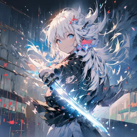 ((Fantasy　White Hair　Long Hair　black　one person　Lonely　blue eyes　Open chest kimono　Baggy kimono))　((night　Japanese style　old　Shining Aura))　(Dance　Japanese sword　With a handle　Pulling out the sword　samurai　Military commander)　moon　star　Slashing　Catch the w...