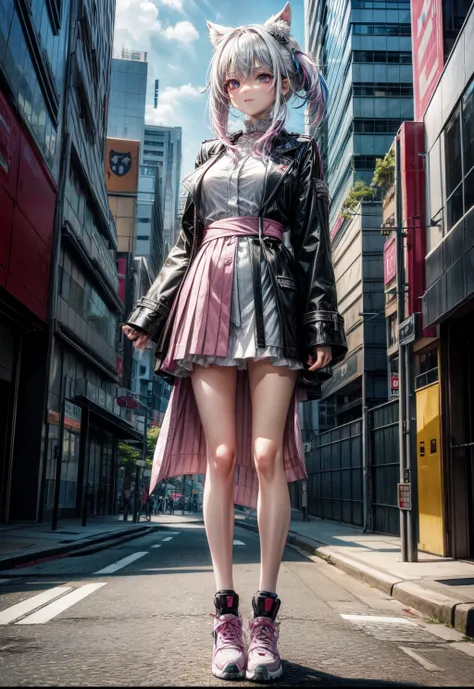 black hair, White hair , Pink hair , Green hair , Purple hair, Blue hair, Surrealism, Anime, 8k, super detail, Ultra details , Best lighting , whole body , standing in the middle of the city , Tokyo city