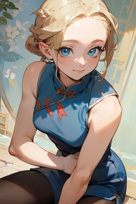 (masterpiece), ((best quality)), (super detailed), (beautiful eyes beautiful details eyes, Clean and delicate face), Single Braided blonde pony tail, parted bangs, forehead, blue eye, smile, wearing Luxury mini Cheongsam, white shirt, Sleeveless, pantyhose...