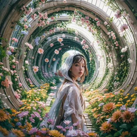 Best quality，masterpiece，16k,In the curved tunnel，A tunnel surrounded by flowers，Futuristic，Future Technology Tunnel，Complex structure，1girl，Dynamic poses，Looking at the camera，Girl being chased by monster