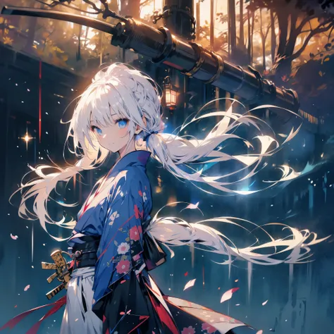 ((fantasy　white hair　long hair　tied up hair　black　one person　lonely　blue eyes　open chest kimono　baggy kimono))　((night　japanese ...