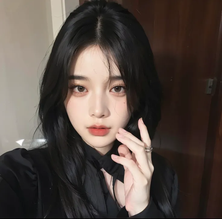 There is a woman with long black hair and a black shirt., Brutal Korean Goth Girl, Best Face, With long hair and sharp eyes, Dilabba Dilmurat, korean, She has black hair with bangs., 18 years, 귀엽고 사랑스러운 korean 얼굴, 1 7 year old goth girl, she has black hai...