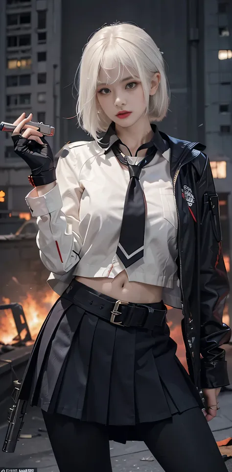 1girl, close up shot, (white hair, medium hair, large breasts, red eyes), perfect anatomy, city, cyberpunk style, ((white shirt, black jacket, black skirt, navel, belt, black gloves, neck tie, wrist watch, earrings, see through black leggings)), ((holding ...