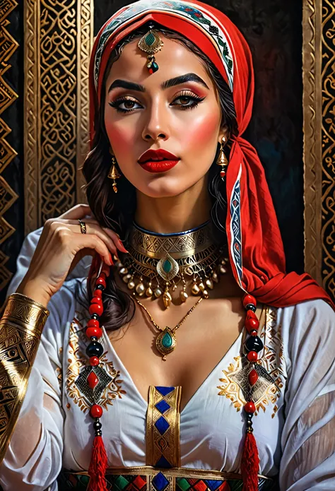 A woman with red headscarf,red lips,arabic inspired,moroccan queen,traditional makeup,egyptian makeup,(best quality,4k,8k,highres,masterpiece:1.2),ultra-detailed,(realistic,photorealistic,photo-realistic:1.37),intricate details,dramatic lighting,vibrant co...