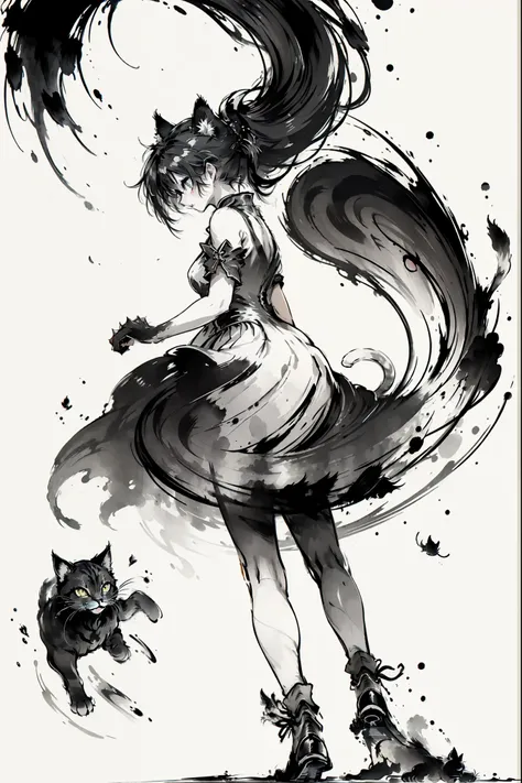 (最high quality:1.2, masterpiece:1.2, Best aesthetics), Black and White, Monochrome artwork, Ink Painting, (((1 girl and 1 cat))), Straight Long Hair, China dress, Vibrant, female curvy beauty, (With a cat:1.2), Expressing a sense of speed with ink splashes...